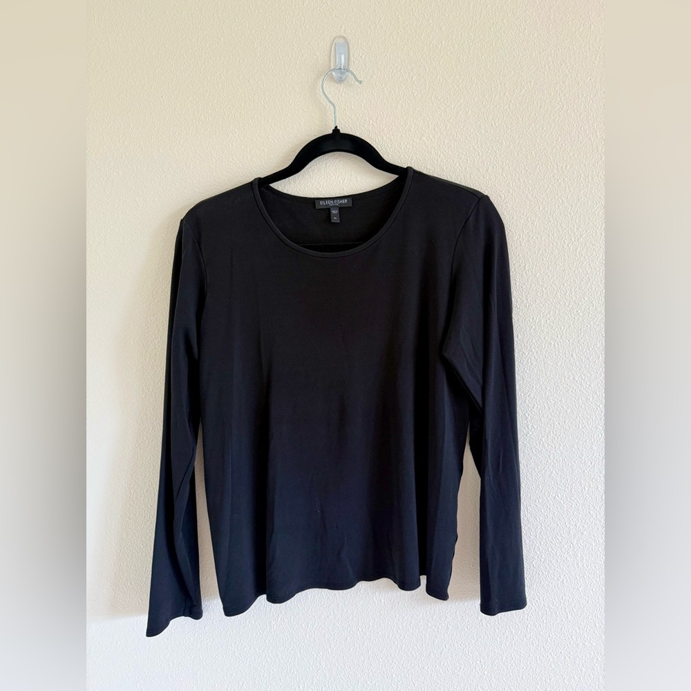 Eileen Fisher scoop neck long sleeve black shell 100% silk petite large jersey
